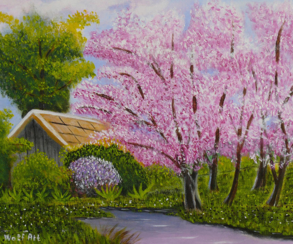 Virágzó fák a folyó mellett