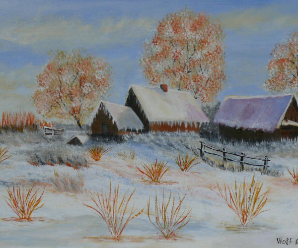 Pajták a havas domb tetőn